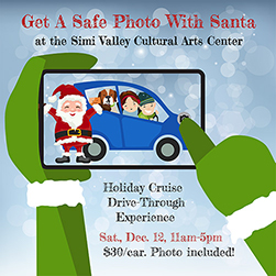 Illustration of an elf taking a photo of a car, family, and Santa. Text: Get a safe photo with Santa